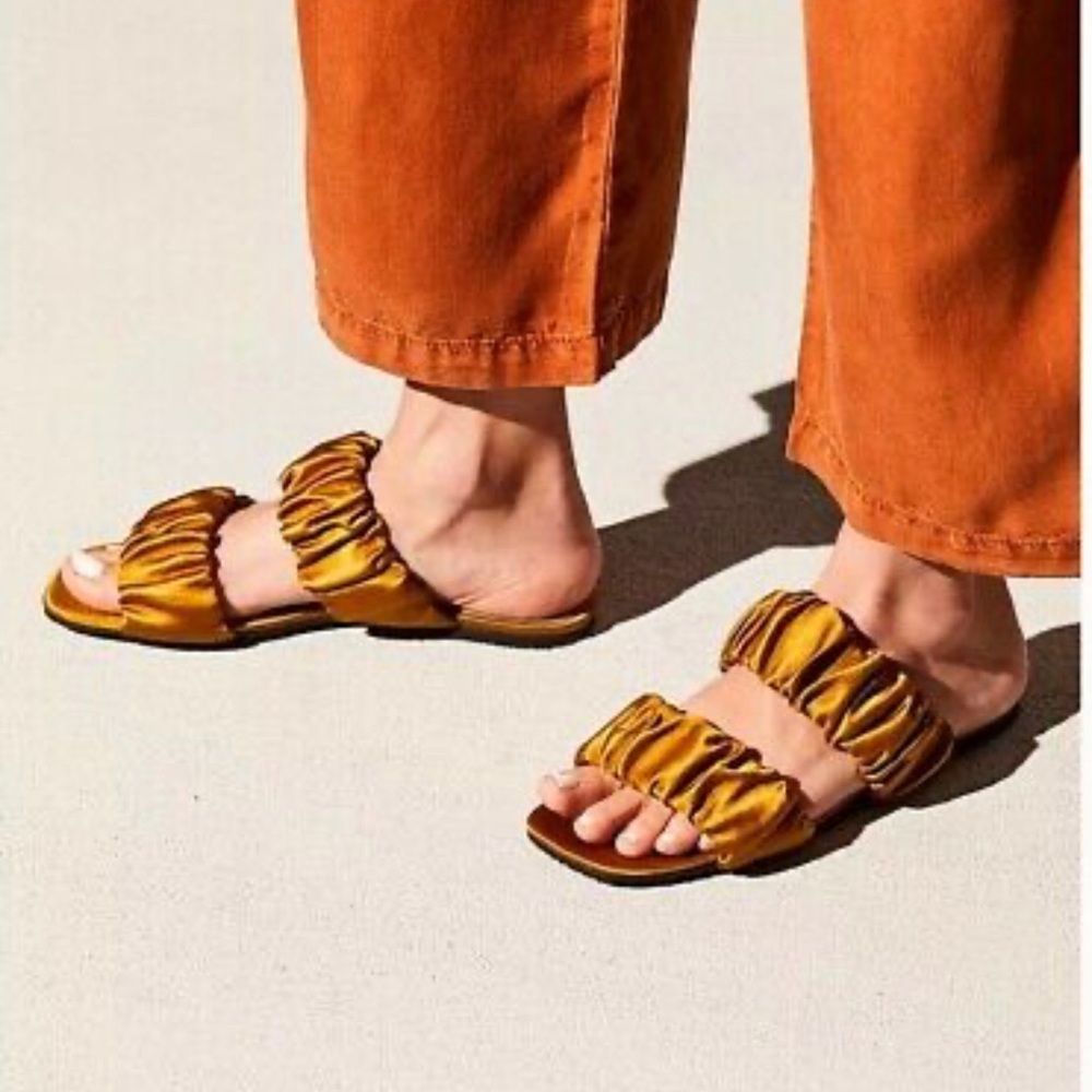 Mari Giudicelli Satin Pleated Gold Slides Sandals Size 38